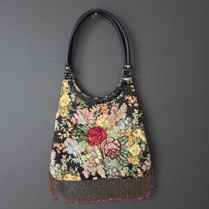 Vtg PREZZO Tapestry Floral Beaded Fringe Shoulder Bag Sequins Boho Whimsigoth